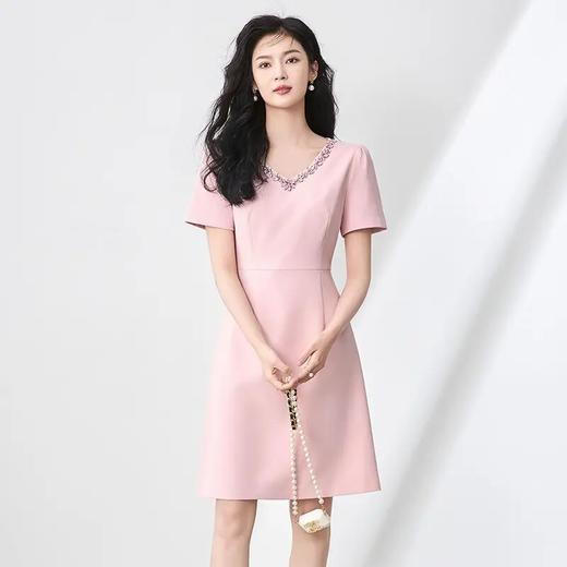 「高货wl」全新升级【铂金会员293/天猫399/差价106】(10930)洛诗琳名媛重工V领镶钻短袖收腰连衣裙2025法式高品质裙子 商品图0