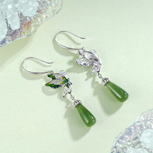 子佩集S925银【翠蝶千寻】耳环【EG02244】纯银和田碧玉蝴蝶珐琅彩2504 商品图5