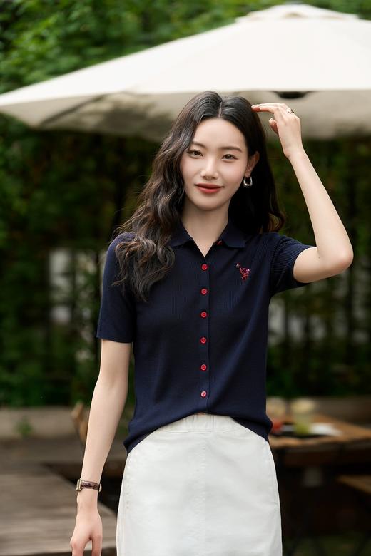 哥弟超细美丽诺桑蚕丝薄软抗起球手工珠片火烈鸟polo衫 商品图3