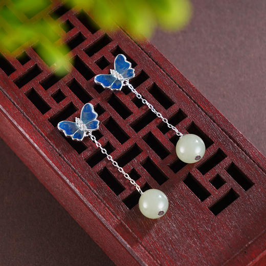 子佩集S925银【玉蝶奇缘】耳钉【ED04012】纯银和田玉蝴蝶2504 商品图1