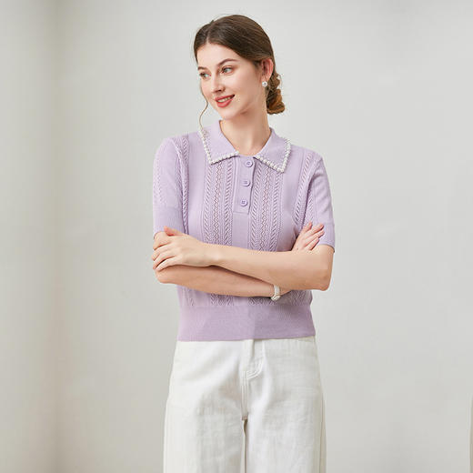 「自」全新升级【铂金会员220/天猫299/差价79】(00147)洛诗琳新款法式纽扣半开胸套头钉珠翻领短袖优雅针织上衣 商品图0