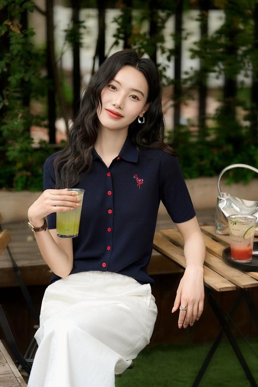 哥弟超细美丽诺桑蚕丝薄软抗起球手工珠片火烈鸟polo衫 商品图0