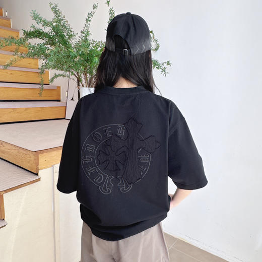 春夏新品美式重工十字架刺绣半袖男女圆领短袖t恤上衣 商品图2