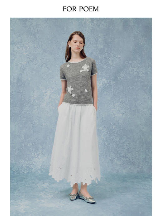 ForPoem 现货 25/SS原创设计轻薄棉麻混纺手工钩针立体花针织短袖上衣 商品图1