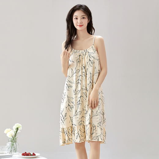 自然醒墨香（带胸垫）睡裙夏季女款牛奶丝无袖吊带性感睡衣裙子短裤夏天家居服QH 商品图1