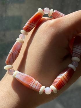 缠丝红白玛瑙四方橄榄珠手链，顺丰包邮