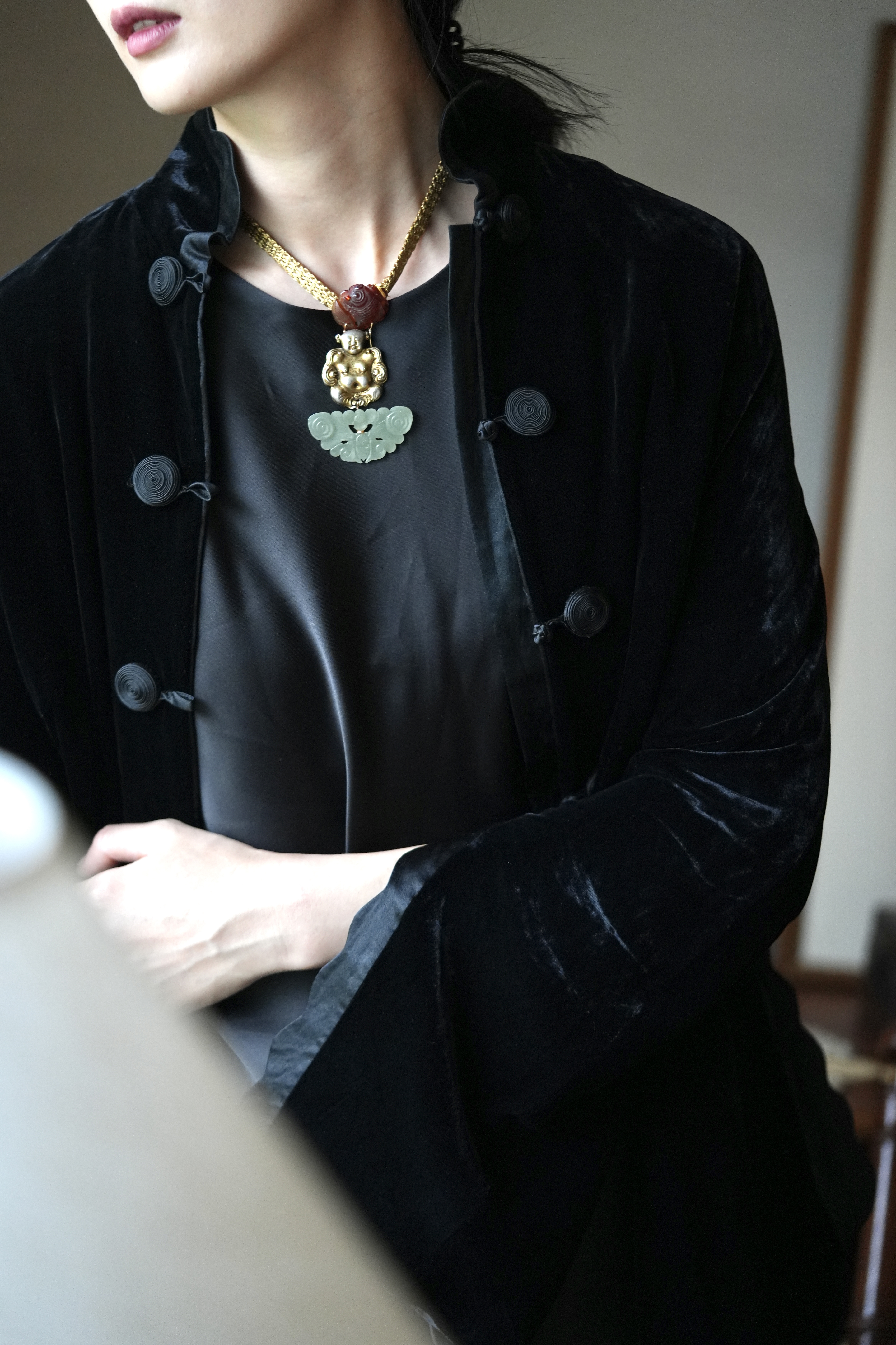 清代和田玉蝴蝶玛瑙金鱼佛头手编项链