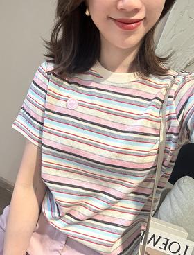 舒服至上粉色笑脸彩棉小条纹撞色圆领休闲短袖T
