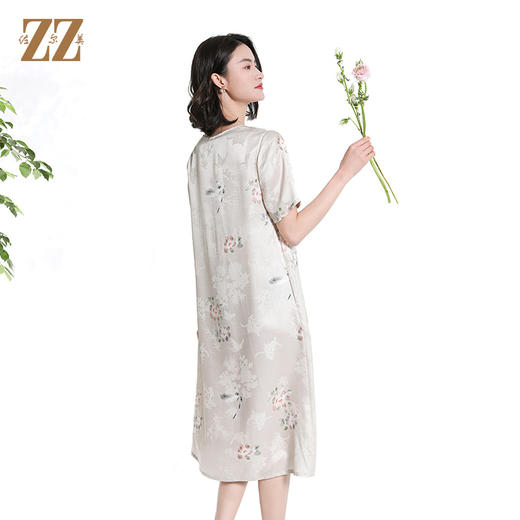 佐尔美国风真丝100%桑蚕丝提花新中式短袖连衣裙女M42LS79 商品图4