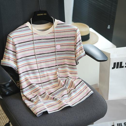 舒服至上粉色笑脸彩棉小条纹撞色圆领休闲短袖T 商品图4