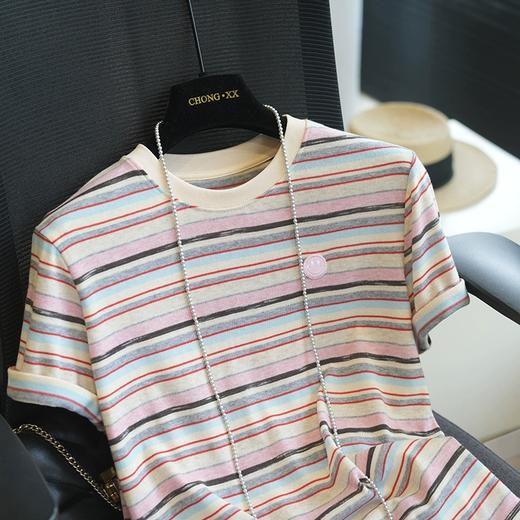舒服至上粉色笑脸彩棉小条纹撞色圆领休闲短袖T 商品图5