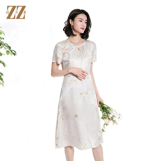 佐尔美夏季新款时尚气质碎花桑蚕丝短袖连衣裙女M42LS64 商品图3