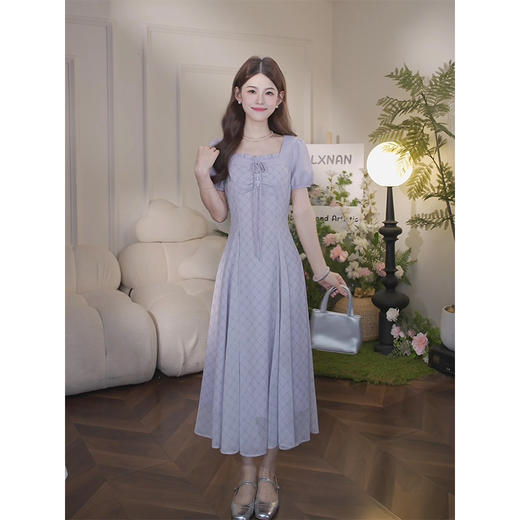 【65折秒杀】鹿向南「紫梦轻舞」法式方领连衣裙收腰显瘦夏季新款A字长裙子女DYL661857 商品图2