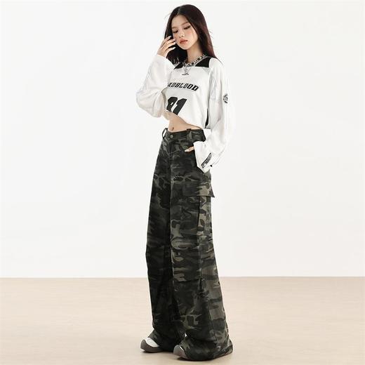 【复古迷彩工装牛仔裤】女春季2025新款高腰显瘦辣妹马蹄喇叭裤子ph 商品图3