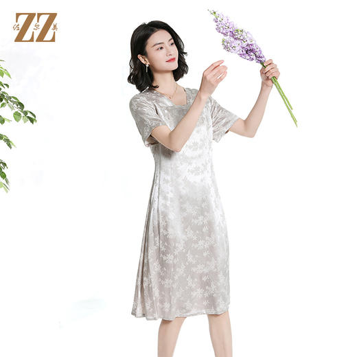 佐尔美夏季新款时尚气质提花桑蚕丝短袖连衣裙女M42LS68 商品图2
