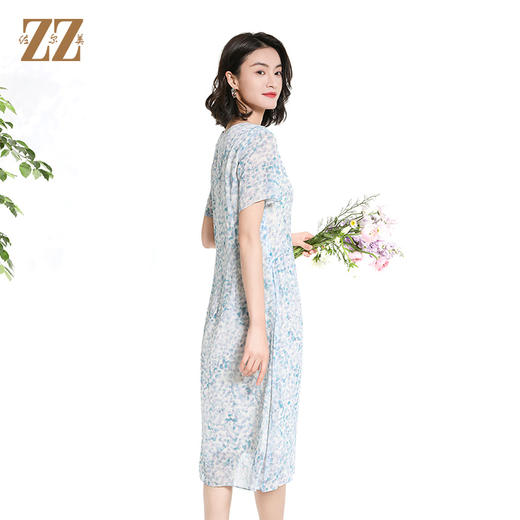 佐尔美夏季新款时尚气质碎花桑蚕丝短袖连衣裙女M42LS70 商品图4