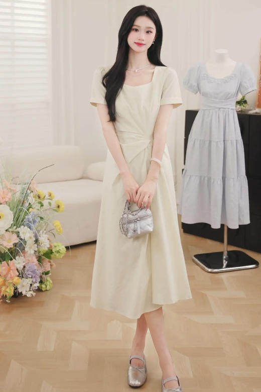 【6折秒杀】鹿向南「淡茉奶油」气质方领短袖连衣裙女夏季新款小众高腰长裙子QJD00376 商品图3