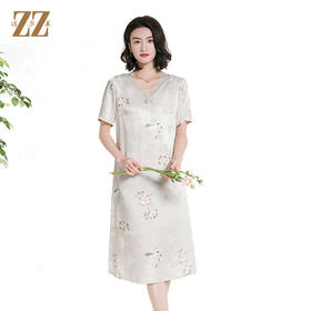 佐尔美国风真丝100%桑蚕丝提花新中式短袖连衣裙女M42LS79