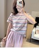舒服至上粉色笑脸彩棉小条纹撞色圆领休闲短袖T 商品缩略图1