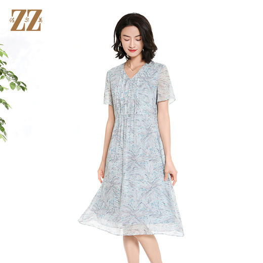 佐尔美夏季新款时尚气质碎花桑蚕丝短袖连衣裙女M42LS61 商品图0