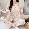 自然醒月蝶牛奶丝女士睡衣短袖长裤可外穿夏季休闲国风和服宽松两件套家居服QH 商品缩略图7