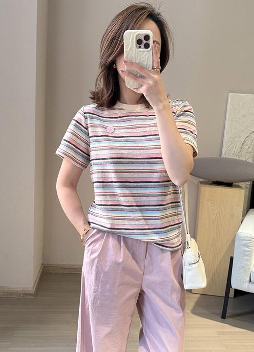 舒服至上粉色笑脸彩棉小条纹撞色圆领休闲短袖T 商品图2