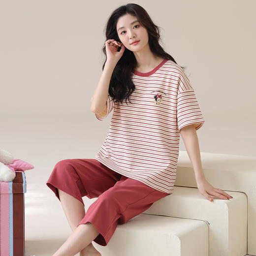 自然醒云间针织棉（带胸垫）睡衣女春夏款短袖七分裤可爱卡通套装夏天甜美女士家居服QH 商品图5