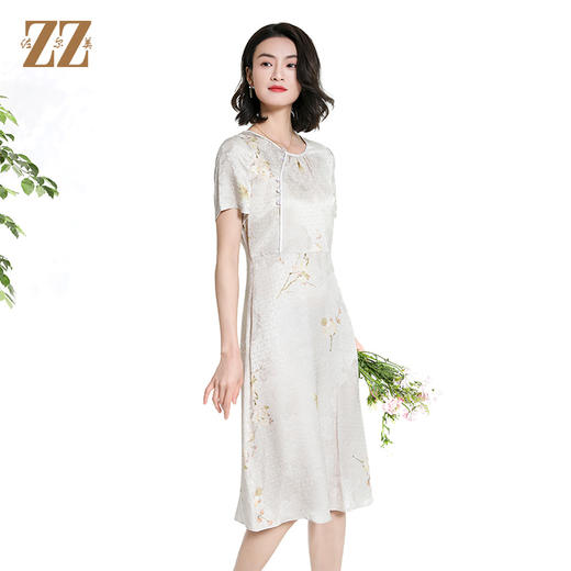 佐尔美夏季新款时尚气质碎花桑蚕丝短袖连衣裙女M42LS64 商品图0