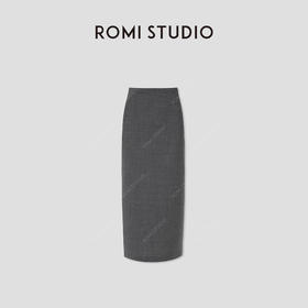 ROMI STUDIO可机洗绵羊毛混纺极简灰色花纱感直筒半裙 RWCSXD2093【发货时效25天】