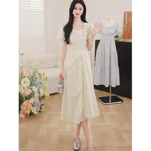 【6折秒杀】鹿向南「淡茉奶油」气质方领短袖连衣裙女夏季新款小众高腰长裙子QJD00376 商品图1