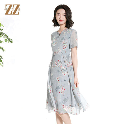 佐尔美夏季新款时尚气质碎花桑蚕丝短袖连衣裙女M42LS72 商品图1