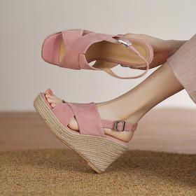 【预售5天】度假风草编防水台9cm坡跟高跟鞋，法式交叉带鱼嘴罗马凉鞋NWS1&N9779
