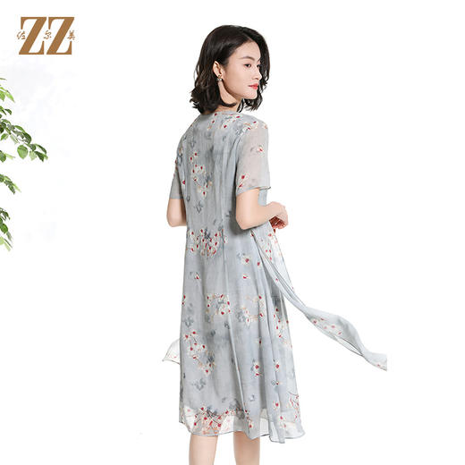佐尔美夏季新款时尚气质碎花桑蚕丝短袖连衣裙女M42LS72 商品图4