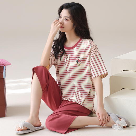 自然醒云间针织棉（带胸垫）睡衣女春夏款短袖七分裤可爱卡通套装夏天甜美女士家居服QH 商品图9