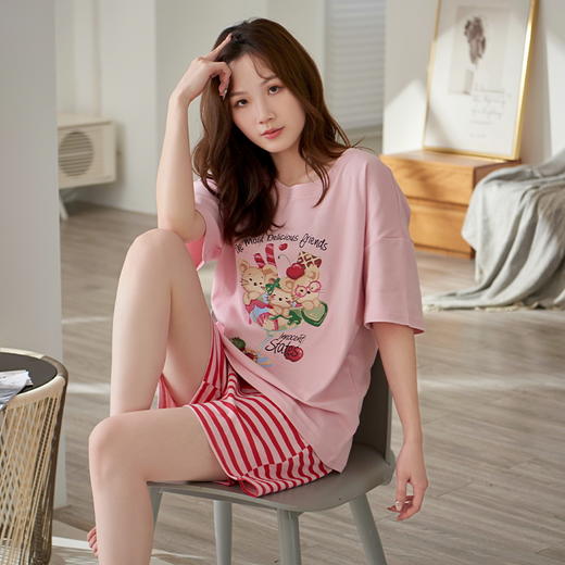 自然醒彩虹牛奶丝（带胸垫）一体睡衣女夏短袖薄款韩范甜美休闲可外穿家居服QH 商品图10