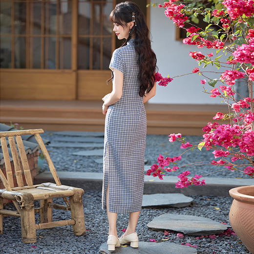 学院风涤棉提花旗袍，改良时尚少女珍珠扣格子旗袍BS- 2525 商品图2