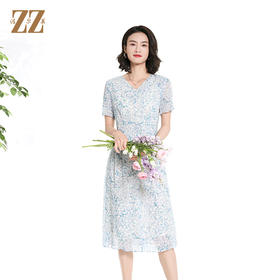 佐尔美夏季新款时尚气质碎花桑蚕丝短袖连衣裙女M42LS70