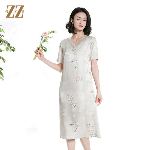 佐尔美国风真丝100%桑蚕丝提花新中式短袖连衣裙女M42LS79 商品图2