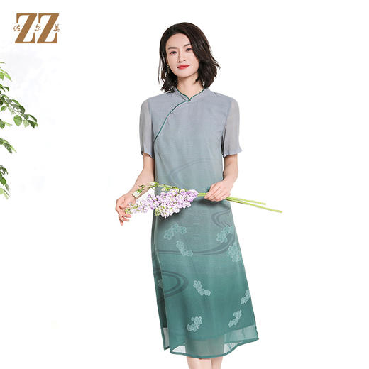 佐尔美夏季新款新中式国风碎花桑蚕丝短袖连衣裙女M42LS74 商品图2