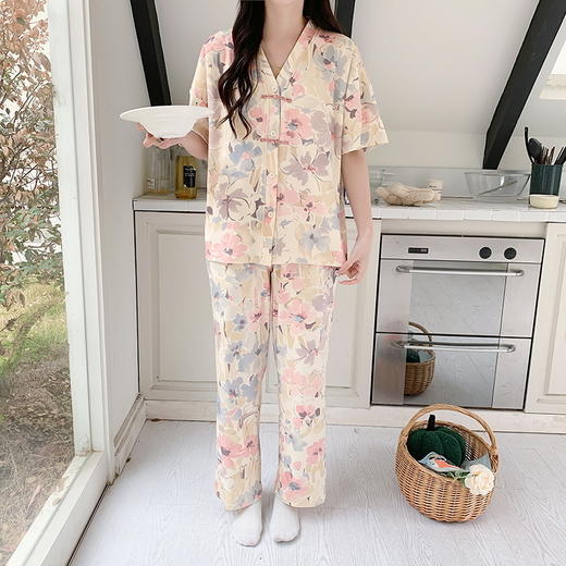 自然醒月蝶牛奶丝女士睡衣短袖长裤可外穿夏季休闲国风和服宽松两件套家居服QH 商品图2