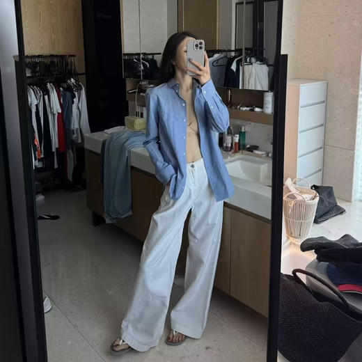 ROMI STUDIO极简随性 高支全棉浅蓝色修身翻领长袖衬衫RWCSST1826 商品图0