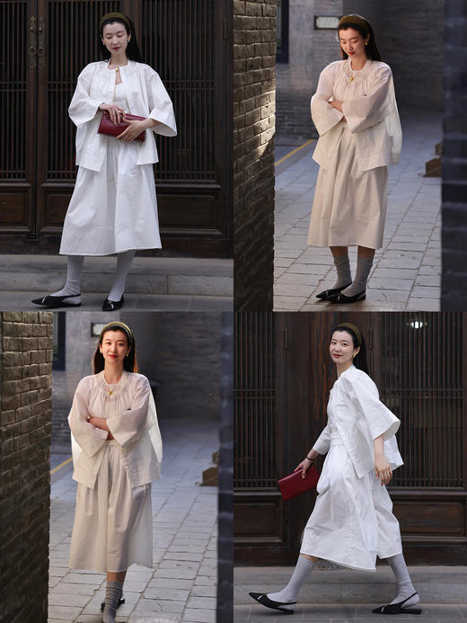 HIDEMI【当当同款】 浅春系甄选长绒棉极简设计感花苞压褶圆领廓形衬衫裙裤套装 白色/有机青柠绿  衬衫/裙裤 商品图4