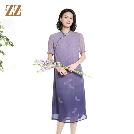 佐尔美夏季新款新中式国风碎花桑蚕丝短袖连衣裙女M42LS74 商品图3