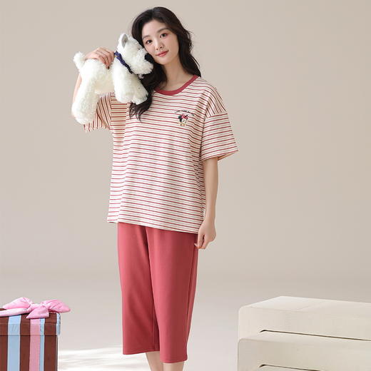 自然醒云间针织棉（带胸垫）睡衣女春夏款短袖七分裤可爱卡通套装夏天甜美女士家居服QH 商品图3