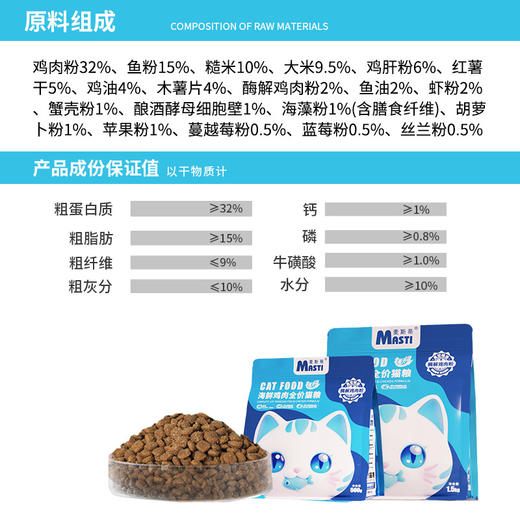麦斯蒂全阶段500克、1斤精包装猫粮 宠物猫粮全期通用型鲜肉深海鱼+鸡肉配方 整箱=40袋 商品图3