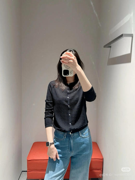 55-3 独家圆正 ER百分百真丝娟丝 华夫格挑孔 弹力针织九分袖开衫罩衫 商品图2