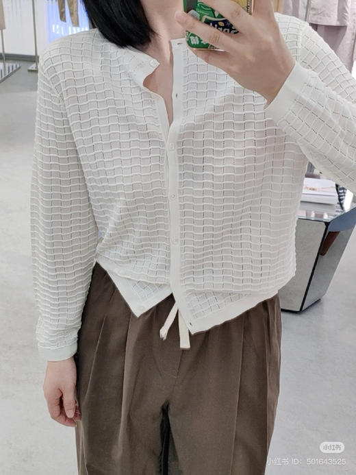 55-3 独家圆正 ER百分百真丝娟丝 华夫格挑孔 弹力针织九分袖开衫罩衫 商品图6