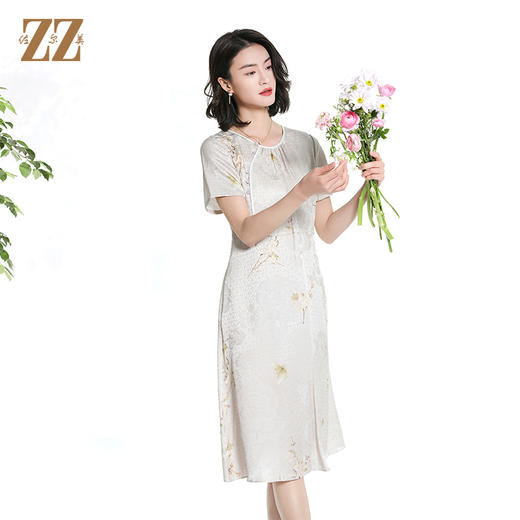 佐尔美夏季新款时尚气质碎花桑蚕丝短袖连衣裙女M42LS64 商品图2