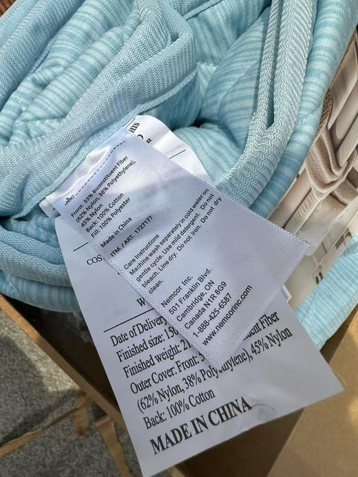 美单原单SUPPLY纯棉冷感被，客户退单，正面100%针织纯棉，内面55%（尼龙+PE）复合+45%尼龙，中间填充100%聚酯纤维，三层面料绗缝！ 商品图10