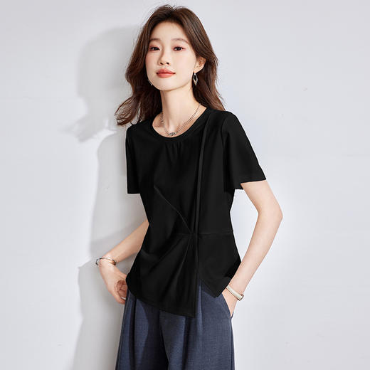 莫代尔白色圆领t恤，正肩修身型设计感遮肚小个子上衣CC-66-87018 商品图1